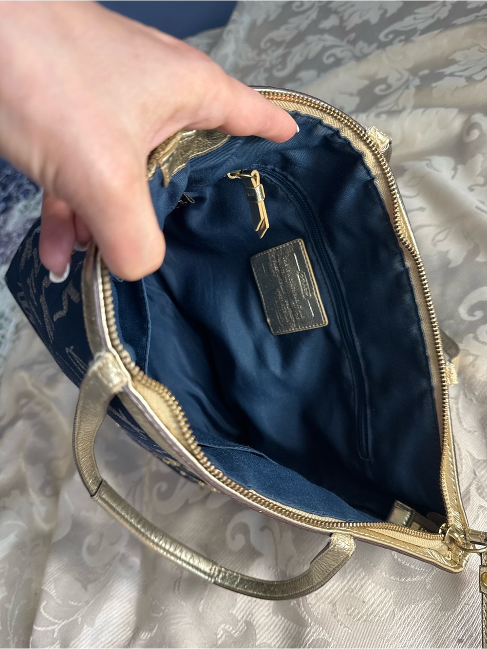 Coach Blue Graffiti Script Tote Bag Gold Trim Heart Charm Zip Top Purse - Picture 8 of 10